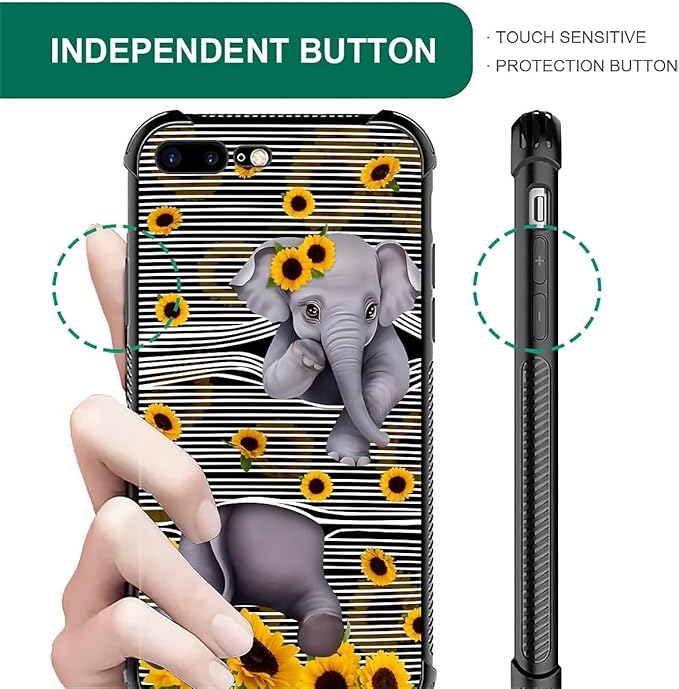 Case for iPhone 7 Plus/8 Plus, Cute Little Elephant Sunflower White Line Art Pattern, Soft Silicone Hard Acrylic for Shock Protection