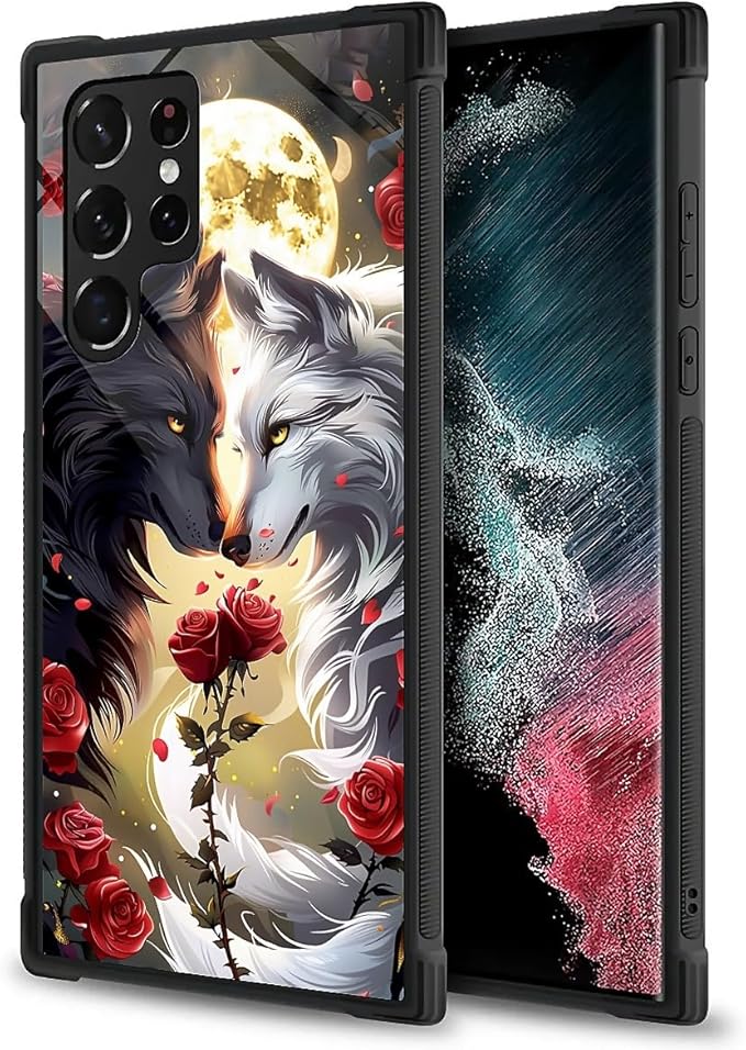 for Samsung Galaxy S23 Ultra Case, Black White Wolf Moon Flower Rose Pattern Graphic Design Girl Boy Soft Silicone Hard Acrylic Shock Protection for Samsung Galaxy S23 Ultra