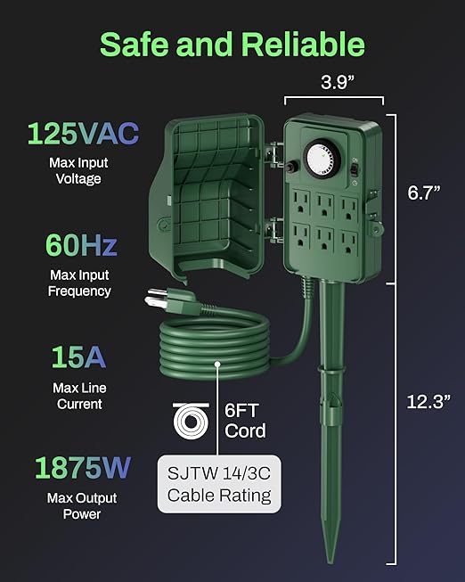 BN-LINK Outdoor Power Stake Timer Waterproof, 24-Hour Mechanical Timer with 6 Grounded Outlets, 6FT Extension Cord for Halloween/Christmas Decor Lights, ETL Listed