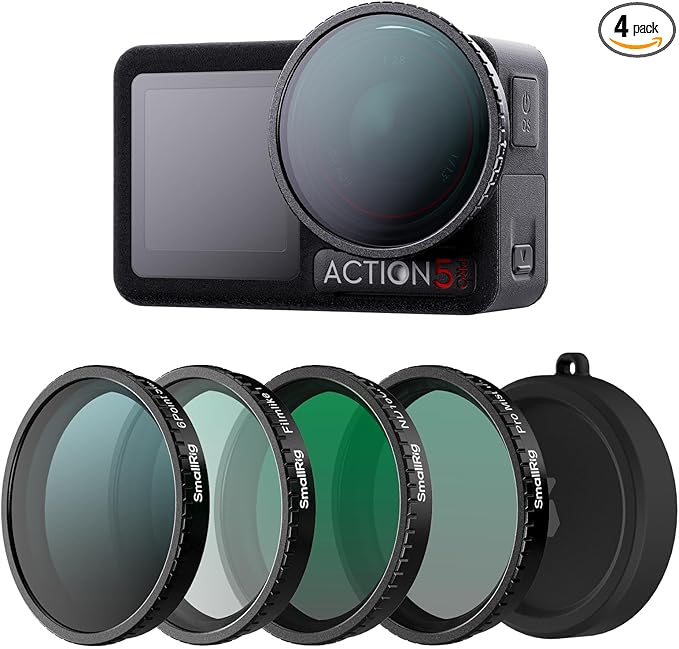 SmallRig Filter Kit for DJI Osmo Action 5 Pro/4, 5-in-1 Lens Filter Set with 1/4 Black Mist, ND16/CPL, Star-Cross, Film Simulator & Silicone Cover, Snap-On Mount, Rainbow High-Alumina Glass-5412