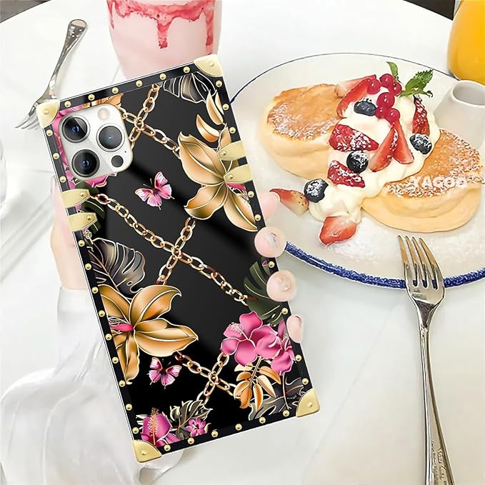 Compatible with iPhone 12 12 Pro Case, Pink Golden Chain Tropical Flower Luxury Golden Decoration for Girl Women Soft TPU Shockproof Protective Hard PC Back for iPhone 12 12 Pro