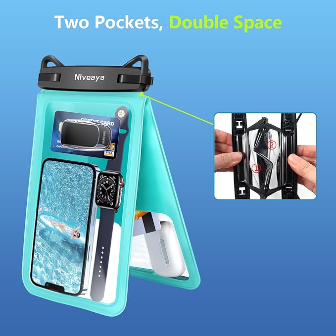 Niveaya [Up to 10.5"]Waterproof Phone Pouch - 2 Pack, Waterproof Phone Lanyard Case with iPhone 17/16/15/14/13 Pro Max up to 9.5", Phone Dry Bags for Vacation Beach Pool Kayak Cruise Travel Essentials