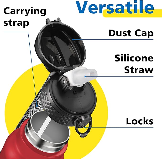 Han's Bottle Sports Water Bottle - 24 Oz, Straw Lid, Leak Proof, Vacuum Insulated Stainless Steel, Double Walled, Thermo Mug,Red