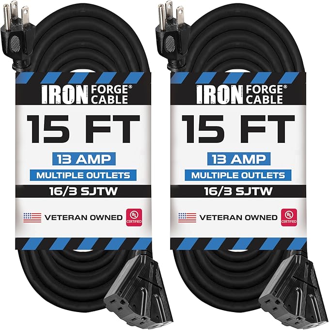 Iron Forge Cable 2 Pack 15 Ft Black Extension Cord with 3 Outlets - 16/3 SJTW 15 Foot Extension Cord 3 Prong, Weatherproof Power Cable for Outdoor