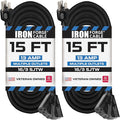 Iron Forge Cable 2 Pack 15 Ft Black Extension Cord with 3 Outlets - 16/3 SJTW 15 Foot Extension Cord 3 Prong, Weatherproof Power Cable for Outdoor