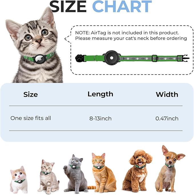 Breakaway AirTag Cat Collar, Reflective Cat Tracker Collar with Air Tag Holder and Bell, Safety Elastic Band Cat GPS Collars for Girl Boy Cats, Kittens and Puppies (Emerald, 8-13'')