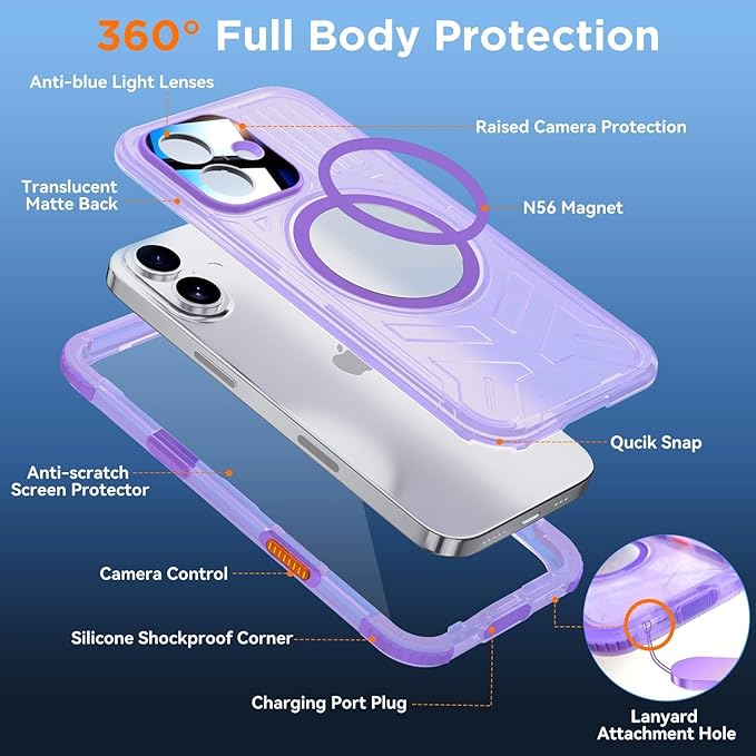 WIFORT for iPhone 17 Waterproof Case, [Fit for Magsafe] with Sapphire Lens & Screen Protector, IP68 Full Body 15FT Military Shockproof, Magnetic Frosted Phone Cover with Lanyard, 6.3" Purple