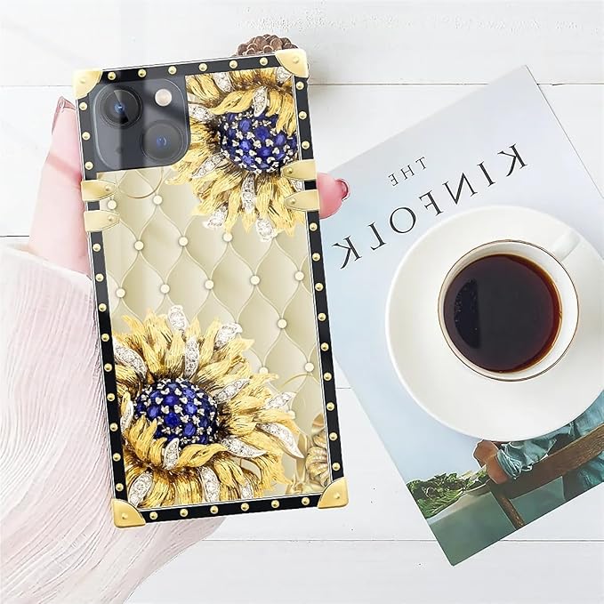 Compatible with iPhone 13 Case, Sunflower Diamonds Leather Luxury Golden Decoration for Girl Women Soft TPU Shockproof Protective Hard PC Back for iPhone 13