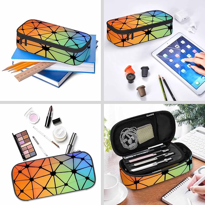 Abstract Lines Pencil Case Organizer Geometric Triangles Fluorescent Neon Stationery Box Makeup Box School Supply for Boy Girl Men Women