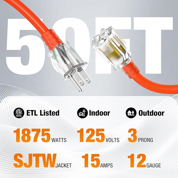 Outdoor Extension Cord 50 FT Waterproof, 12/3 Gauge Heavy Duty 3 Prong Power Cord with Lighted Indicator End,15A 125V 1875W SJTW, ETL Listed, Great for Lawn/Garden/Home(Orange)