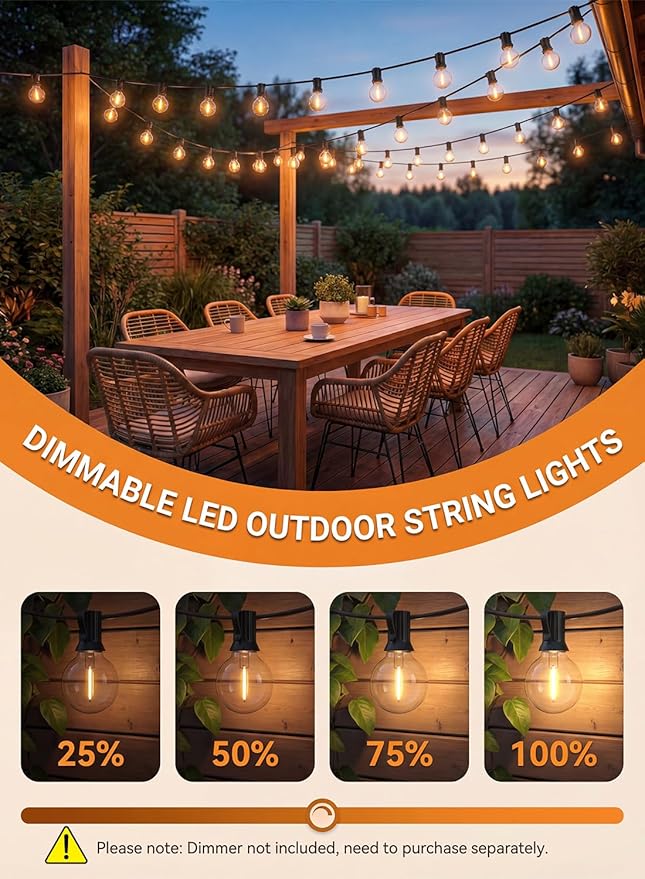 SUNSGNE G40 LED Globe Outdoor String Lights Waterproof Shatterproof, 25FT Outdoor Globe Lights with 25 LED Plastic Clear Light for Café Bistro Porch Pergola Tents Balcony Decor, Black Wire