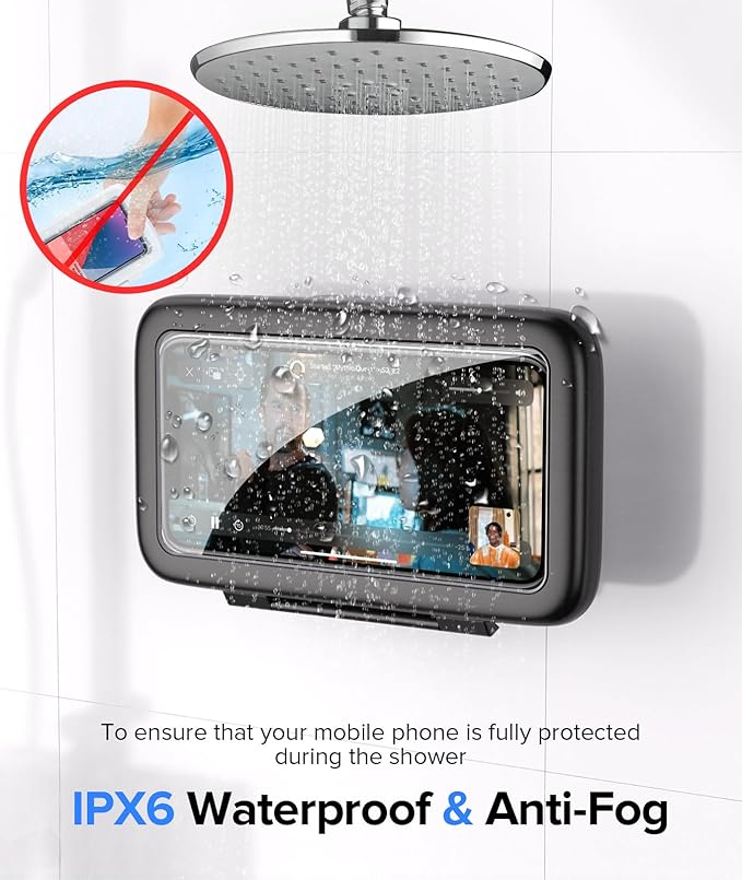 LC-dolida Shower Phone Holder Waterproof 480 Rotation Phone Stand Case Mount for Bathroom Batheub Kitchen Wall Mirro Compatible with iPhone 17 16 15 14 13 Plus Pro Max XS XR up to 6.8" Cell Phone