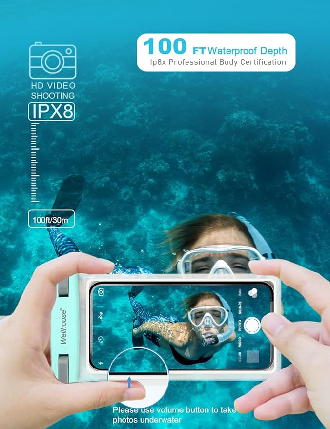 wellhouse Waterproof Phone Pouch, Waterproof Phone Case for iPhone17 16 15 14 13 Pro Max XS Samsung, IPX8 3D Cellphone Dry Bag Beach Essentials (2 Pack - Green & White7.0, 7 inch)