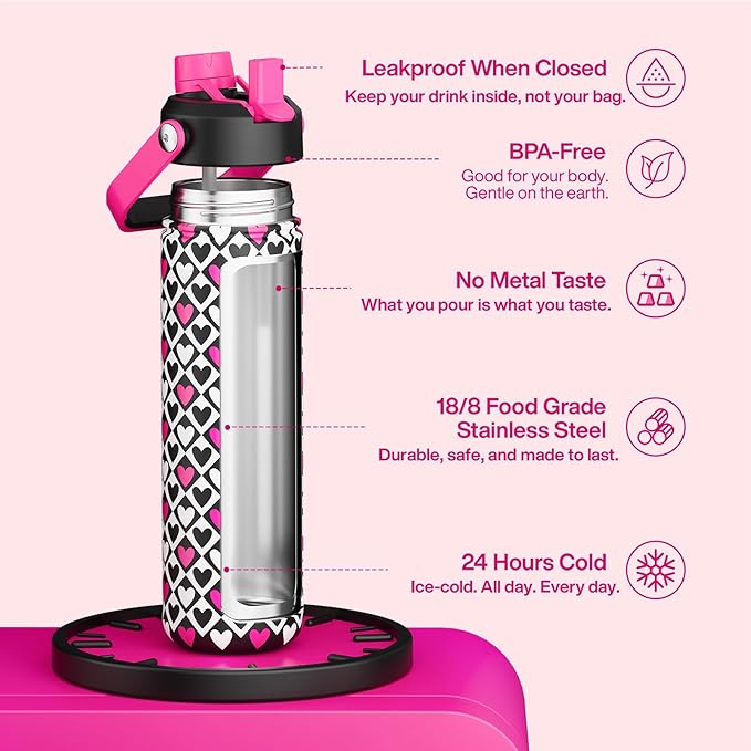 ENCOOL Valentine's Day Insulated Water Bottle with Straw Stainless Steel Water Bottle, Leak-Proof, BPA-Free, Keeps Cold for 24 Hours for Sports, Travel, School (26 oz,Bold Hearts Valentine x White)