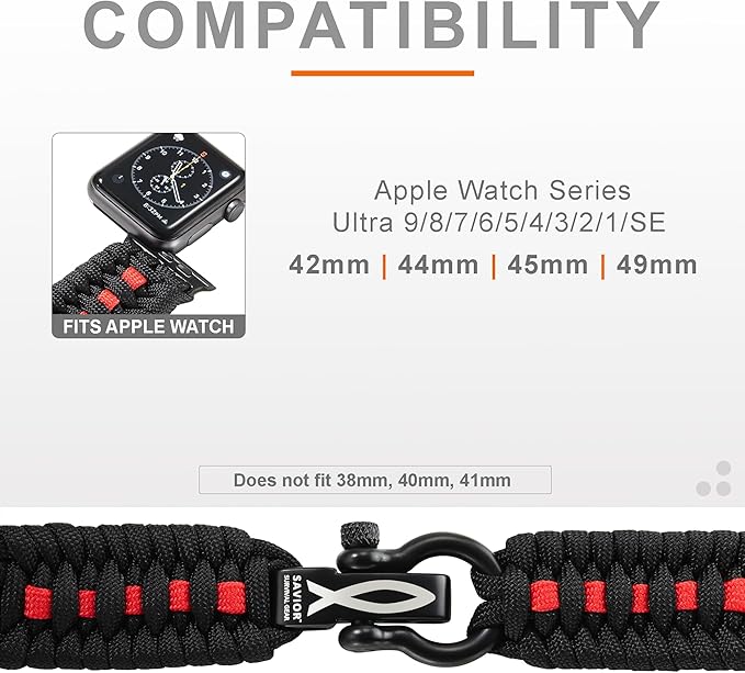 Savior Survival Gear Paracord Watch Band - Compatible with Apple Watch Band 49mm 46mm 45mm 44mm 42mm, iWatch Band Series Ultra 10 9 8 7 6 5 4 3 2 1 SE, Adjustable strap for men ( Black - Red, X-Large)