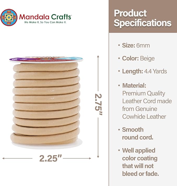 Mandala Crafts Round Genuine Beige Leather Cord for Jewelry Making – 6mm Cowhide Leather Rope String Lace for Kumihimo – 4.4 Yards Cowhide Craft Cording Spool