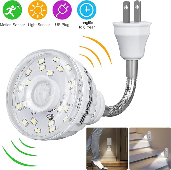 Plug in Motion Sensor Night Light Indoor, PIR Infrared Motion-Activated LED Night Light for AC Outlet,Dusk to Dawn Sensor Smartlight,360° Directional Rotating for Garage Stairway, 5W White, 2 PCS