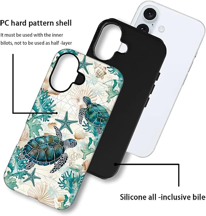 for iPhone 16 Plus Case,HH2 Ocean Sea Turtle Nautical Map Hybrid 2 Layer Hard Shell Silicone Protective Pattern Design Case