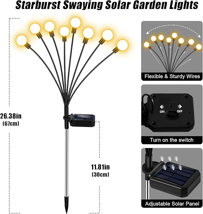 ZFNN Solar Firefly Lights 16 LED Swaying Outdoor Waterproof Decorative Lights for Yard Patio Pathway Lawn Decorations (2 Pack, 8 Heads)