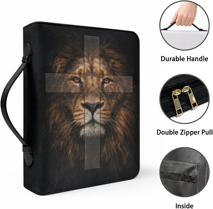 Leather Bible Cover Case for Men PU Bible Case with Bookmark Church Bag Book Carrying Case Lion and Cross Print Bible Covers