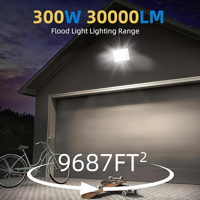 300W LED Flood Light Outdoor, 2Pack 30000LM Super Bright, IP66 Waterproof Outside Work Lights, 6500K Daylight White Security Lights, Plug in Flood Light for Yard Garage Garden Patio