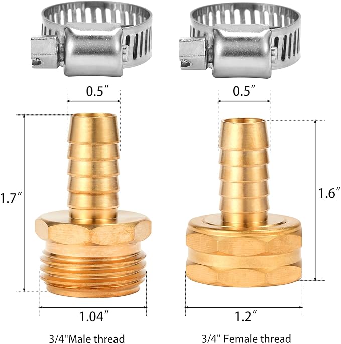 Brass Garden Hose Connector Repair Mender Kit with Stainless Clamp,Fits 1/2" Water Hose Fitting,2 Sets(1/2" Barb x 3/4" GHT)