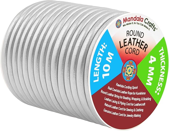 Mandala Crafts Round Genuine Silver Leather Cord for Jewelry Making – 4mm Cowhide Leather Rope String Lace for Kumihimo – 11 Yards Cowhide Craft Cording Spool