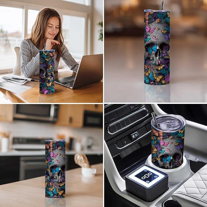 Firmiso 20 oz Tumbler｜Skinny Insulated Travel Mug｜Butterfly Skull Design Stainless Steel Cup with Lid and Telescopic Straw｜Gothic Aesthetic Drinkware｜Artistic Gift Idea for Women Men
