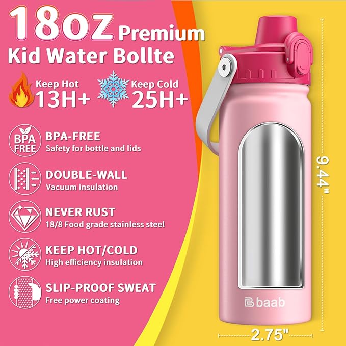 baab 18oz Kids Water Bottle, Insulated Kids Water Bottle with Lockable Spout Lid & Stickers, 18/8 Stainless Steel Vacuum Leakproof Kid Water Cup with Handle for Boy Girl & School (Rose Pink, 1 Pack)