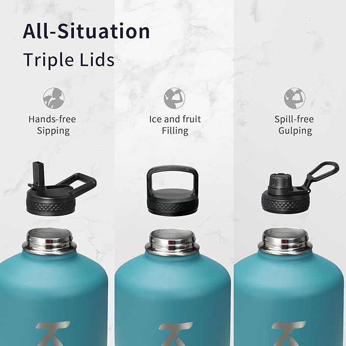 Trebo 1 Gallon(128oz) Water Bottle Insulated with Paracord Handle and Straw,Vacuum Triple Wall Stainless Steel Large Jug Keep Cold 48 Hours, Leakproof & BPA Free for Men Gym/Hiking/Camping, Cyan Blue