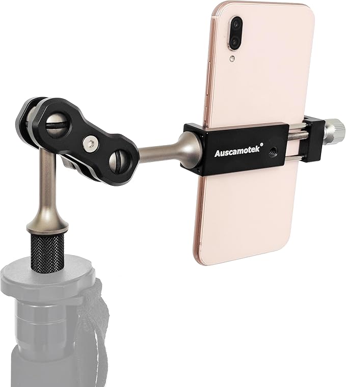 AUSCAMOTEK Aluminum Phone Mount with 1/4 Inch Screw for Tripods – 360° Adjustable Arm, Fits 2 to 3.6 Inch Phones, Vertical or Horizontal Shooting for Hunting, Shooting, Filming, and Outdoor Use