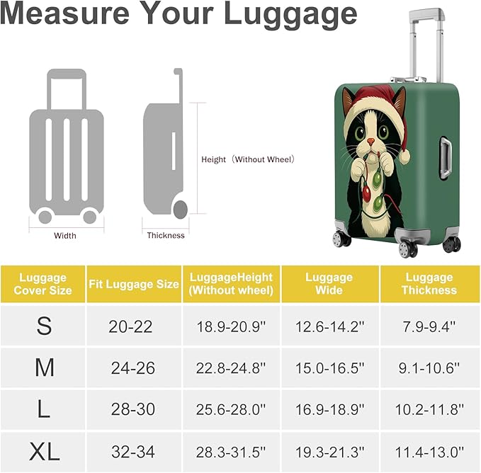 ANNA QUEEN Christmas Cat Luggage Cover, Cute Santa Cat with Light String Suitcase Protector, Stretchable Washable Travel Sleeve for 24-26 Inch Luggage