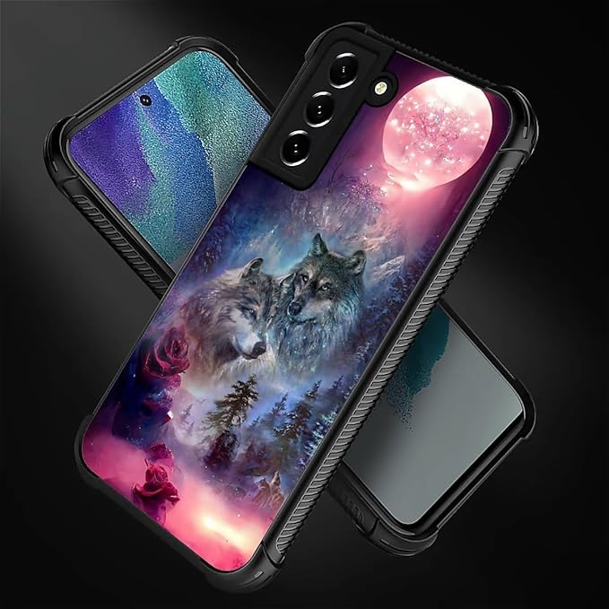 for Samsung Galaxy S21 Case, Star Two Wolfs Howling Pattern Graphic Design Girl Boy Soft Silicone Hard Acrylic Shock Protection for Samsung Galaxy S21