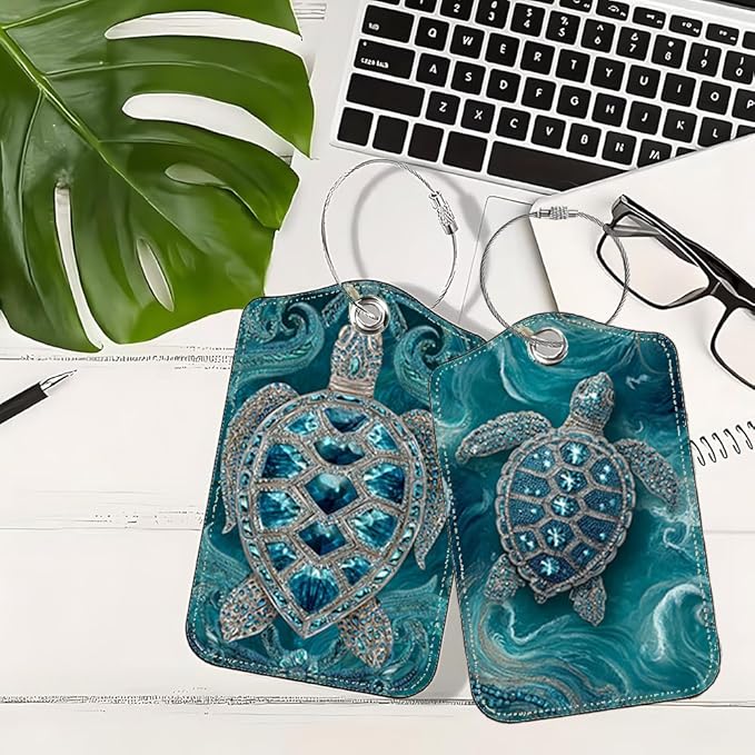 2 Pack Sea Turtle Luggage Tags for Suitcases, Teal Ocean Life ID Tags with Privacy Cover, PU Leather Bag Identifiers, Spring & Summer Beach Vacation Essentials, Mother's Day