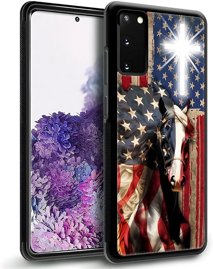 for Samsung Galaxy S20 Case, Red American Flag Horse Cross Pattern Graphic Design Girl Boy Soft Silicone Hard Acrylic Shock Protection for Samsung Galaxy S20