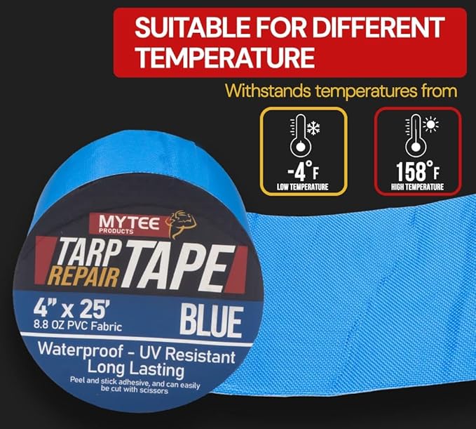 Mytee Products 4" x25' Blue Vinyl Tarp Repair Tape Kit – Heavy Duty 8.8oz Peel & Stick Waterproof Patch for Canvas, Tent, Awning, Boat Cover, RV & Truck Tarps, UV Resistant