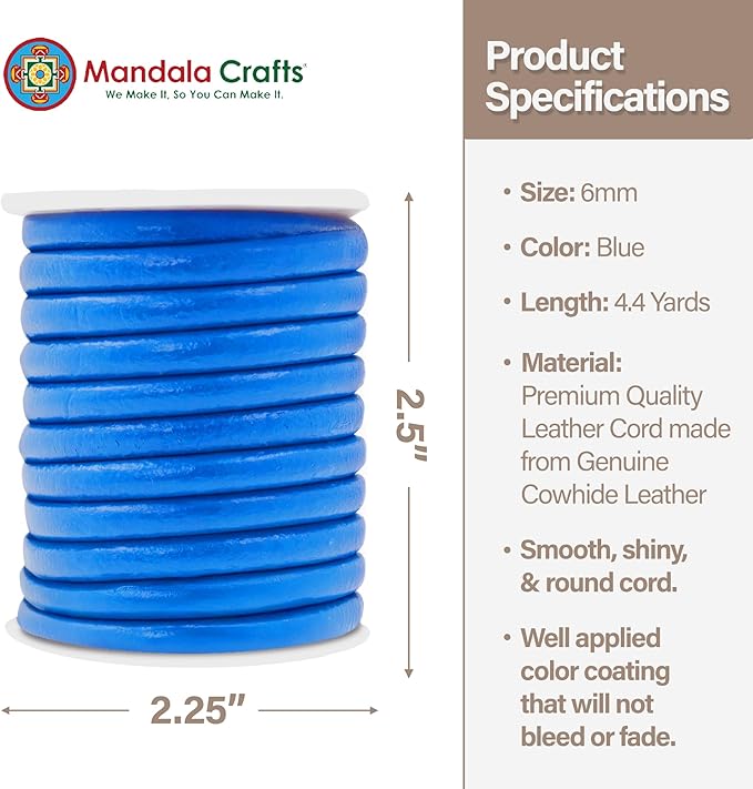 Mandala Crafts Round Genuine Blue Leather Cord for Jewelry Making – 6mm Cowhide Leather Rope String Lace for Kumihimo – 4.4 Yards Cowhide Craft Cording Spool