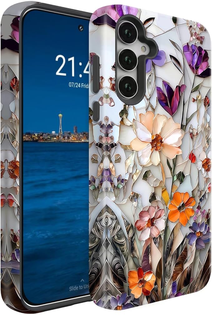 Compatible for Samsung Galaxy A17 5G Case, Dual Layer Heavy Duty 2 in 1 Shockproof Protective Phone Case,Marble Pressed Flowers