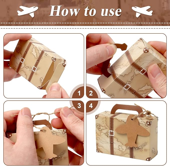 50Pcs Party Favor Candy Box, Vintage Mini Suitcase Favor Box, Kraft Paper with Tags and Burlap Twine for Travel Themed Party, Bridal Shower, Wedding Decorations
