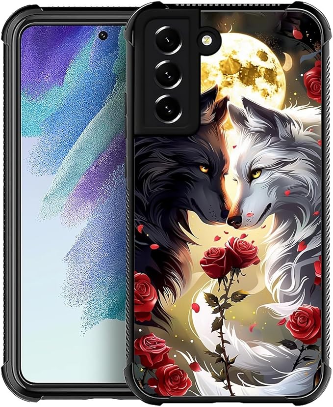 for Samsung Galaxy S22 Case, Black White Wolf Moon Flower Rose Pattern Graphic Design Girl Boy Soft Silicone Hard Acrylic Shock Protection for Samsung Galaxy S22