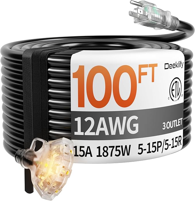 100 ft 12 Gauge Heavy Duty 3 Outlet Extension Cord Splitter with Indicator, Waterproof Outdoor Extension Cord with Multiple Outlets, 15A 1875W for Home & Workshop, ETL Listed, Black SJTW
