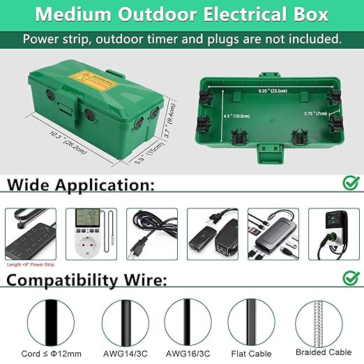 NineLeaf Outdoor Electrical Box,IP54 Waterproof Extension Cord Cover Weatherproof, Protect Outlet, Plug, Socket, Timer, Power Strip, Holiday Light Decoration,10.3x5.9x3.7inch,Green