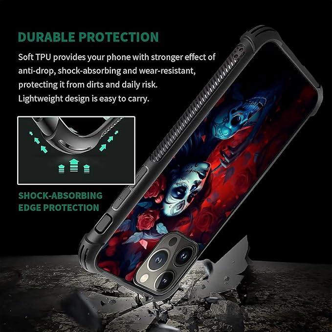 for iPhone 16 Pro Max Case, Skull Lady Rose Pattern Graphic Design Girl Boy Soft Silicone Hard Acrylic Shock Protection for iPhone 16 Pro Max