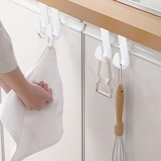 Over Cabinet Door Hooks, 8Pcs Plastic Over Door Single Hooks Multi-Purpose Over The Cupboard Drawer Hooks Space-Saving Hanger Extender Clips Hooks for Kitchen Bathroom Bedroom (White)