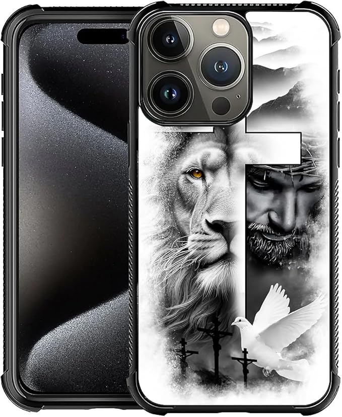 for iPhone 16 Pro Case, Lion Cross Jesus Christ Dove Pattern Graphic Design Girl Boy Soft Silicone Hard Acrylic Shock Protection for iPhone 16 Pro