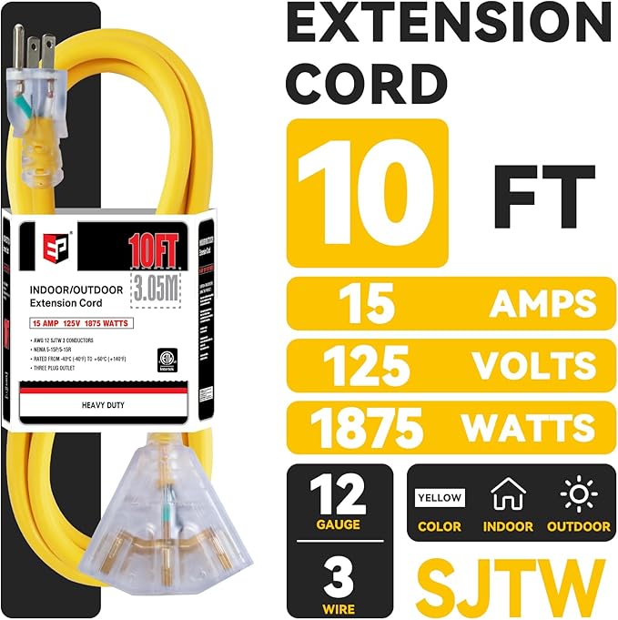 EP 10 Ft 12 Gauge Heavy Duty Extension Cord, 15A 125V 1875W, 3 Outlet Indoor/Outdoor Power Cord with Lighted End, 12/3 SJTW Weatherproof Yellow