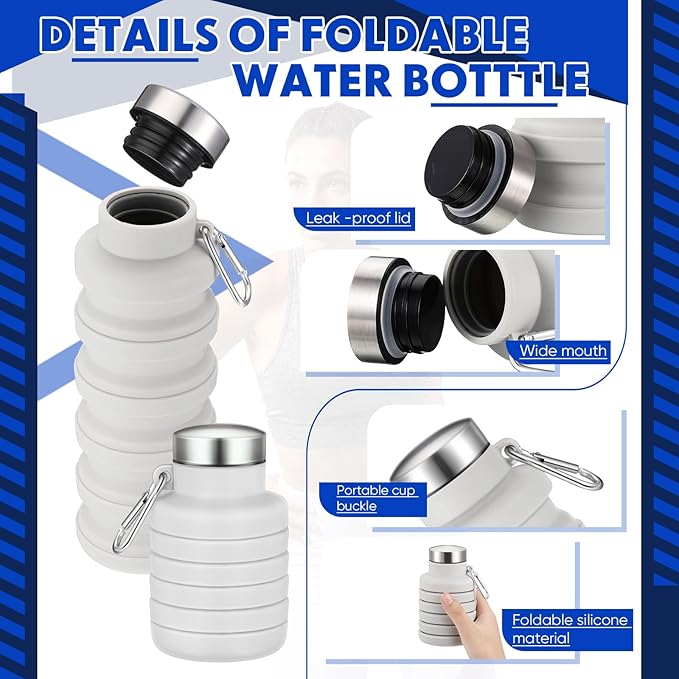 Baderke Collapsible Water Bottles 17oz Travel Sports Portable Water Bottle with Portable Buckle Silicone Lightweight Reusable Leakproof for Camping Hiking Yoga Outdoor(Gray White)