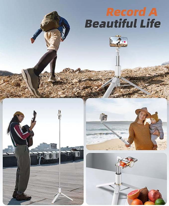 Vimose Phone Tripod & Selfie Stick with Remote, Portable, Lightweight for Video Recording Vlog, Extendable Travel Tripod Stand Compatible with iPhone Android, White, 62"