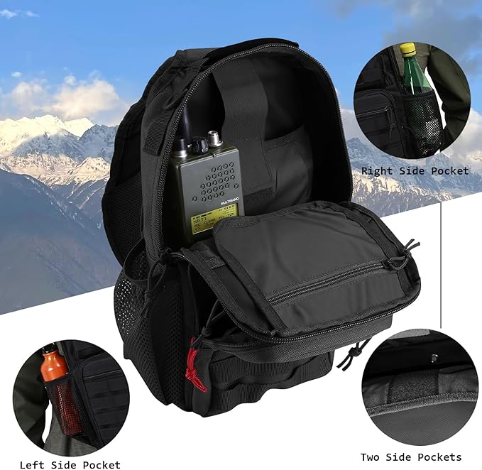 Rover Sling Pack Tactical Shoulder Sling Bag Backpack with Bottle Holder Crossbody Chest Bag, Black with Red Rope/Patch