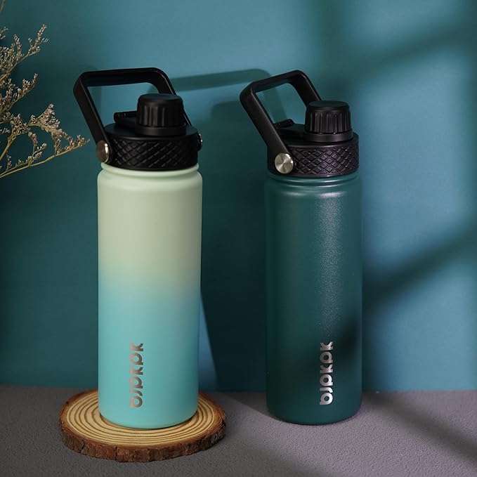 BJPKPK 2 Pack Insulated Water Bottles with Straw Lids, 22oz Stainless Steel Metal Water Bottle with 6 Lids, Leak Proof BPA Free Jugs, Cups, Flasks for Travel, Sports (Army Green+Mint)